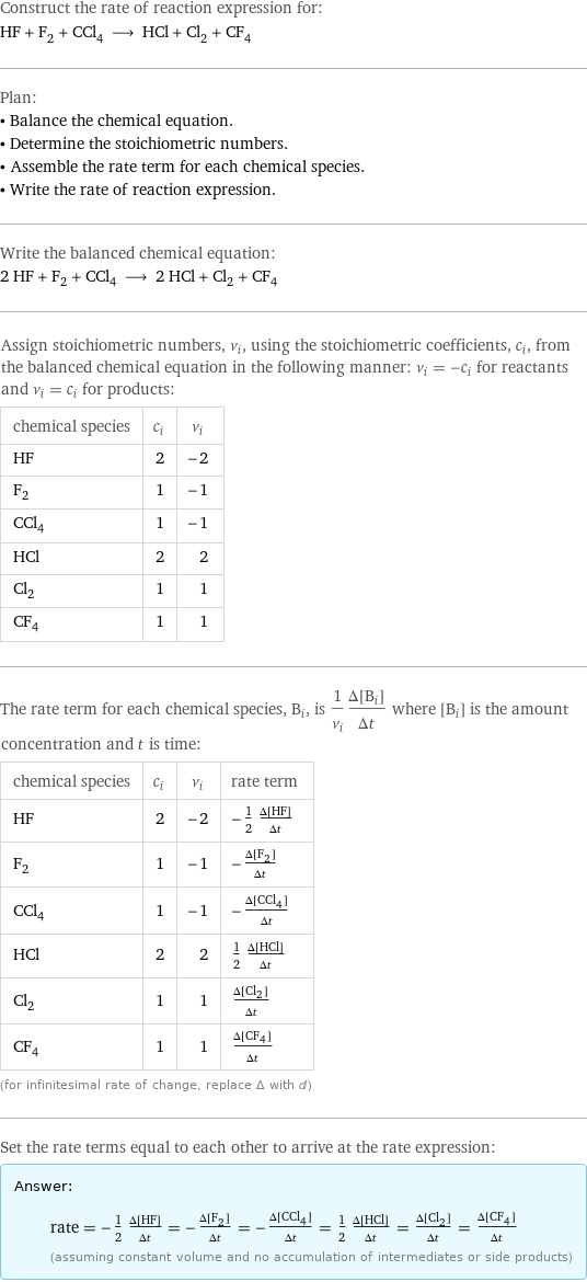 Construct the rate of reaction expression for: HF + F_2 + CCl_4 ⟶ HCl + Cl_2 + CF_4 Plan: • Balance the chemical equation. • Determine the stoichiometric numbers. • Assemble the rate term for each chemical species. • Write the rate of reaction expression. Write the balanced chemical equation: 2 HF + F_2 + CCl_4 ⟶ 2 HCl + Cl_2 + CF_4 Assign stoichiometric numbers, ν_i, using the stoichiometric coefficients, c_i, from the balanced chemical equation in the following manner: ν_i = -c_i for reactants and ν_i = c_i for products: chemical species | c_i | ν_i HF | 2 | -2 F_2 | 1 | -1 CCl_4 | 1 | -1 HCl | 2 | 2 Cl_2 | 1 | 1 CF_4 | 1 | 1 The rate term for each chemical species, B_i, is 1/ν_i(Δ[B_i])/(Δt) where [B_i] is the amount concentration and t is time: chemical species | c_i | ν_i | rate term HF | 2 | -2 | -1/2 (Δ[HF])/(Δt) F_2 | 1 | -1 | -(Δ[F2])/(Δt) CCl_4 | 1 | -1 | -(Δ[CCl4])/(Δt) HCl | 2 | 2 | 1/2 (Δ[HCl])/(Δt) Cl_2 | 1 | 1 | (Δ[Cl2])/(Δt) CF_4 | 1 | 1 | (Δ[CF4])/(Δt) (for infinitesimal rate of change, replace Δ with d) Set the rate terms equal to each other to arrive at the rate expression: Answer: |   | rate = -1/2 (Δ[HF])/(Δt) = -(Δ[F2])/(Δt) = -(Δ[CCl4])/(Δt) = 1/2 (Δ[HCl])/(Δt) = (Δ[Cl2])/(Δt) = (Δ[CF4])/(Δt) (assuming constant volume and no accumulation of intermediates or side products)