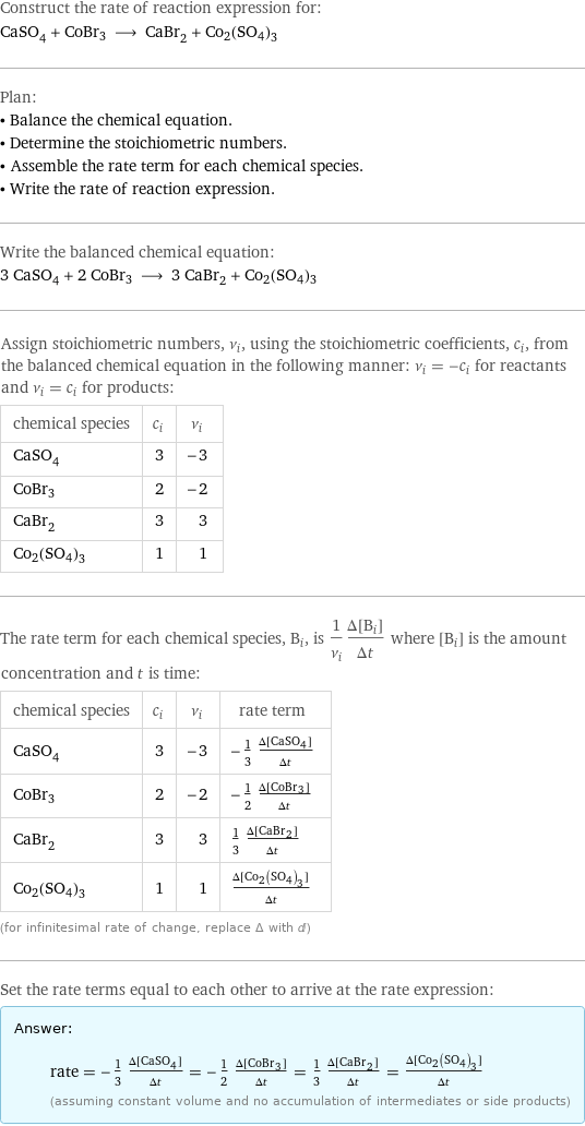 Construct the rate of reaction expression for: CaSO_4 + CoBr3 ⟶ CaBr_2 + Co2(SO4)3 Plan: • Balance the chemical equation. • Determine the stoichiometric numbers. • Assemble the rate term for each chemical species. • Write the rate of reaction expression. Write the balanced chemical equation: 3 CaSO_4 + 2 CoBr3 ⟶ 3 CaBr_2 + Co2(SO4)3 Assign stoichiometric numbers, ν_i, using the stoichiometric coefficients, c_i, from the balanced chemical equation in the following manner: ν_i = -c_i for reactants and ν_i = c_i for products: chemical species | c_i | ν_i CaSO_4 | 3 | -3 CoBr3 | 2 | -2 CaBr_2 | 3 | 3 Co2(SO4)3 | 1 | 1 The rate term for each chemical species, B_i, is 1/ν_i(Δ[B_i])/(Δt) where [B_i] is the amount concentration and t is time: chemical species | c_i | ν_i | rate term CaSO_4 | 3 | -3 | -1/3 (Δ[CaSO4])/(Δt) CoBr3 | 2 | -2 | -1/2 (Δ[CoBr3])/(Δt) CaBr_2 | 3 | 3 | 1/3 (Δ[CaBr2])/(Δt) Co2(SO4)3 | 1 | 1 | (Δ[Co2(SO4)3])/(Δt) (for infinitesimal rate of change, replace Δ with d) Set the rate terms equal to each other to arrive at the rate expression: Answer: |   | rate = -1/3 (Δ[CaSO4])/(Δt) = -1/2 (Δ[CoBr3])/(Δt) = 1/3 (Δ[CaBr2])/(Δt) = (Δ[Co2(SO4)3])/(Δt) (assuming constant volume and no accumulation of intermediates or side products)