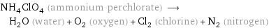 NH_4ClO_4 (ammonium perchlorate) ⟶ H_2O (water) + O_2 (oxygen) + Cl_2 (chlorine) + N_2 (nitrogen)