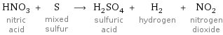 HNO_3 nitric acid + S mixed sulfur ⟶ H_2SO_4 sulfuric acid + H_2 hydrogen + NO_2 nitrogen dioxide