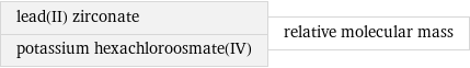 lead(II) zirconate potassium hexachloroosmate(IV) | relative molecular mass