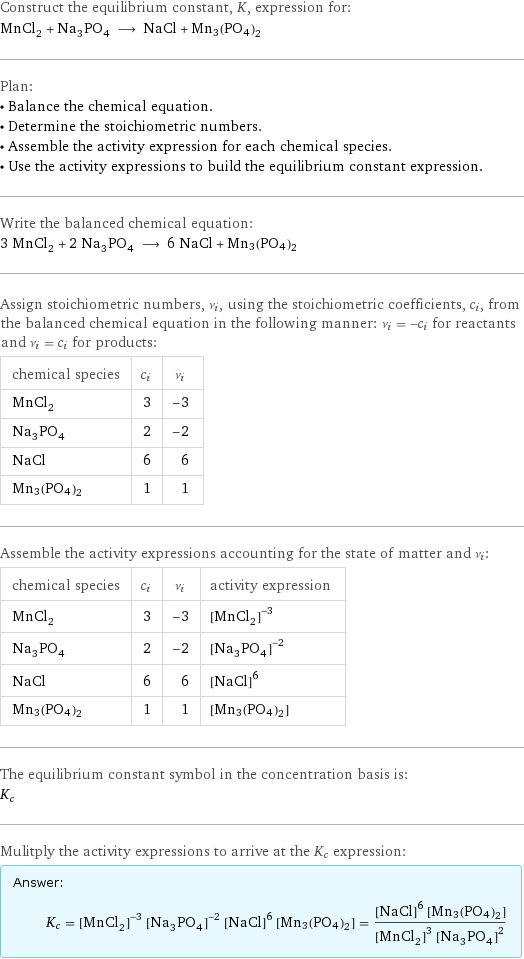 Construct the equilibrium constant, K, expression for: MnCl_2 + Na_3PO_4 ⟶ NaCl + Mn3(PO4)2 Plan: • Balance the chemical equation. • Determine the stoichiometric numbers. • Assemble the activity expression for each chemical species. • Use the activity expressions to build the equilibrium constant expression. Write the balanced chemical equation: 3 MnCl_2 + 2 Na_3PO_4 ⟶ 6 NaCl + Mn3(PO4)2 Assign stoichiometric numbers, ν_i, using the stoichiometric coefficients, c_i, from the balanced chemical equation in the following manner: ν_i = -c_i for reactants and ν_i = c_i for products: chemical species | c_i | ν_i MnCl_2 | 3 | -3 Na_3PO_4 | 2 | -2 NaCl | 6 | 6 Mn3(PO4)2 | 1 | 1 Assemble the activity expressions accounting for the state of matter and ν_i: chemical species | c_i | ν_i | activity expression MnCl_2 | 3 | -3 | ([MnCl2])^(-3) Na_3PO_4 | 2 | -2 | ([Na3PO4])^(-2) NaCl | 6 | 6 | ([NaCl])^6 Mn3(PO4)2 | 1 | 1 | [Mn3(PO4)2] The equilibrium constant symbol in the concentration basis is: K_c Mulitply the activity expressions to arrive at the K_c expression: Answer: |   | K_c = ([MnCl2])^(-3) ([Na3PO4])^(-2) ([NaCl])^6 [Mn3(PO4)2] = (([NaCl])^6 [Mn3(PO4)2])/(([MnCl2])^3 ([Na3PO4])^2)