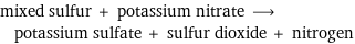 mixed sulfur + potassium nitrate ⟶ potassium sulfate + sulfur dioxide + nitrogen