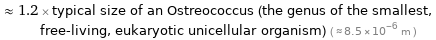  ≈ 1.2 × typical size of an Ostreococcus (the genus of the smallest, free-living, eukaryotic unicellular organism) ( ≈ 8.5×10^-6 m )