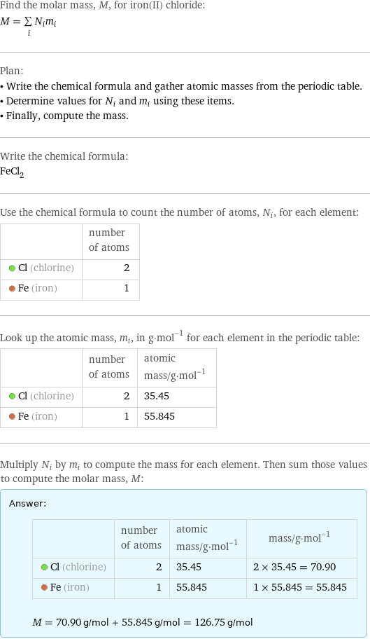 Find the molar mass, M, for iron(II) chloride: M = sum _iN_im_i Plan: • Write the chemical formula and gather atomic masses from the periodic table. • Determine values for N_i and m_i using these items. • Finally, compute the mass. Write the chemical formula: FeCl_2 Use the chemical formula to count the number of atoms, N_i, for each element:  | number of atoms  Cl (chlorine) | 2  Fe (iron) | 1 Look up the atomic mass, m_i, in g·mol^(-1) for each element in the periodic table:  | number of atoms | atomic mass/g·mol^(-1)  Cl (chlorine) | 2 | 35.45  Fe (iron) | 1 | 55.845 Multiply N_i by m_i to compute the mass for each element. Then sum those values to compute the molar mass, M: Answer: |   | | number of atoms | atomic mass/g·mol^(-1) | mass/g·mol^(-1)  Cl (chlorine) | 2 | 35.45 | 2 × 35.45 = 70.90  Fe (iron) | 1 | 55.845 | 1 × 55.845 = 55.845  M = 70.90 g/mol + 55.845 g/mol = 126.75 g/mol