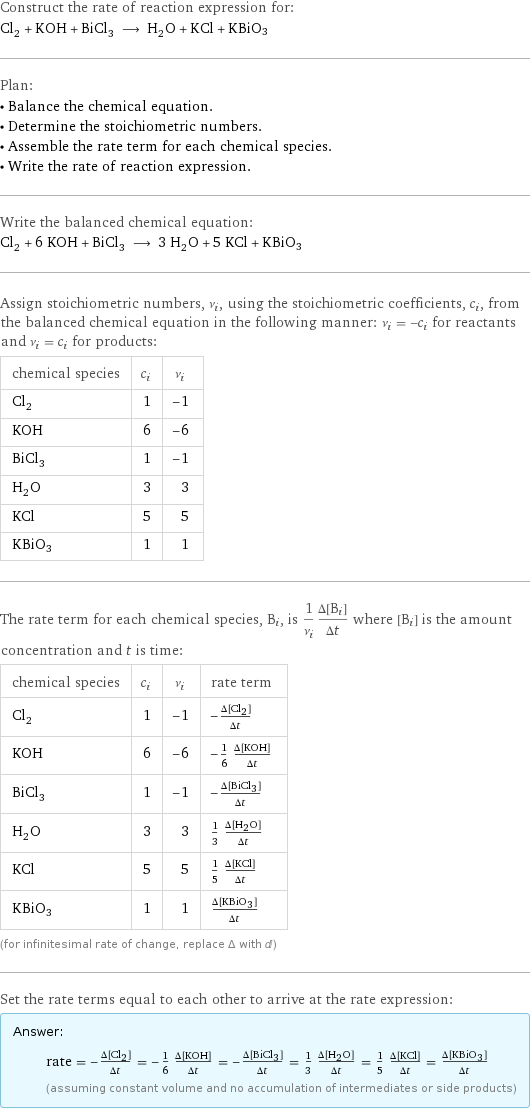 Construct the rate of reaction expression for: Cl_2 + KOH + BiCl_3 ⟶ H_2O + KCl + KBiO3 Plan: • Balance the chemical equation. • Determine the stoichiometric numbers. • Assemble the rate term for each chemical species. • Write the rate of reaction expression. Write the balanced chemical equation: Cl_2 + 6 KOH + BiCl_3 ⟶ 3 H_2O + 5 KCl + KBiO3 Assign stoichiometric numbers, ν_i, using the stoichiometric coefficients, c_i, from the balanced chemical equation in the following manner: ν_i = -c_i for reactants and ν_i = c_i for products: chemical species | c_i | ν_i Cl_2 | 1 | -1 KOH | 6 | -6 BiCl_3 | 1 | -1 H_2O | 3 | 3 KCl | 5 | 5 KBiO3 | 1 | 1 The rate term for each chemical species, B_i, is 1/ν_i(Δ[B_i])/(Δt) where [B_i] is the amount concentration and t is time: chemical species | c_i | ν_i | rate term Cl_2 | 1 | -1 | -(Δ[Cl2])/(Δt) KOH | 6 | -6 | -1/6 (Δ[KOH])/(Δt) BiCl_3 | 1 | -1 | -(Δ[BiCl3])/(Δt) H_2O | 3 | 3 | 1/3 (Δ[H2O])/(Δt) KCl | 5 | 5 | 1/5 (Δ[KCl])/(Δt) KBiO3 | 1 | 1 | (Δ[KBiO3])/(Δt) (for infinitesimal rate of change, replace Δ with d) Set the rate terms equal to each other to arrive at the rate expression: Answer: |   | rate = -(Δ[Cl2])/(Δt) = -1/6 (Δ[KOH])/(Δt) = -(Δ[BiCl3])/(Δt) = 1/3 (Δ[H2O])/(Δt) = 1/5 (Δ[KCl])/(Δt) = (Δ[KBiO3])/(Δt) (assuming constant volume and no accumulation of intermediates or side products)