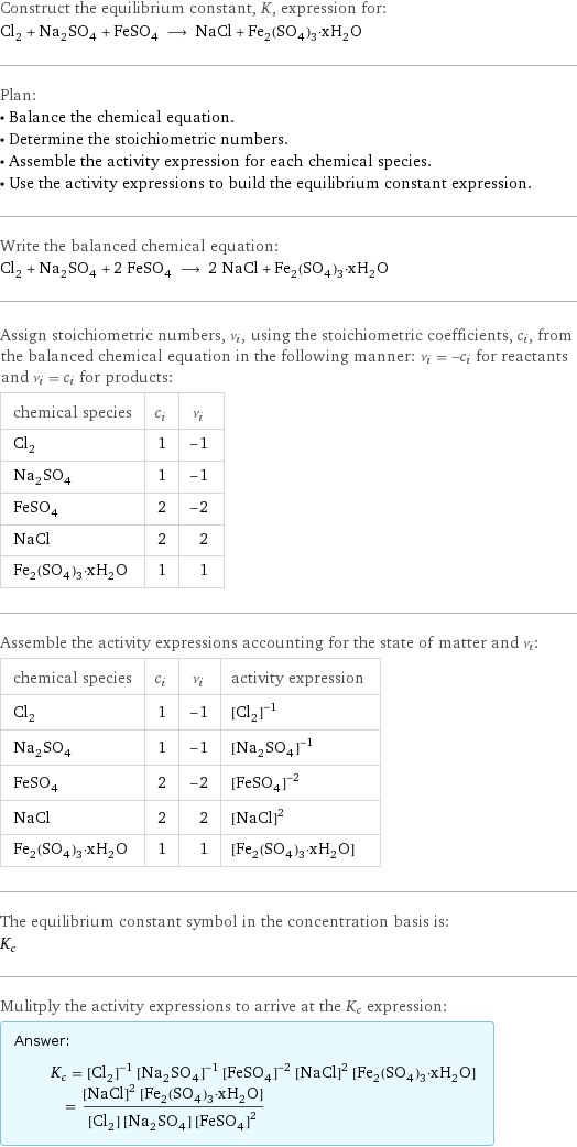 Construct the equilibrium constant, K, expression for: Cl_2 + Na_2SO_4 + FeSO_4 ⟶ NaCl + Fe_2(SO_4)_3·xH_2O Plan: • Balance the chemical equation. • Determine the stoichiometric numbers. • Assemble the activity expression for each chemical species. • Use the activity expressions to build the equilibrium constant expression. Write the balanced chemical equation: Cl_2 + Na_2SO_4 + 2 FeSO_4 ⟶ 2 NaCl + Fe_2(SO_4)_3·xH_2O Assign stoichiometric numbers, ν_i, using the stoichiometric coefficients, c_i, from the balanced chemical equation in the following manner: ν_i = -c_i for reactants and ν_i = c_i for products: chemical species | c_i | ν_i Cl_2 | 1 | -1 Na_2SO_4 | 1 | -1 FeSO_4 | 2 | -2 NaCl | 2 | 2 Fe_2(SO_4)_3·xH_2O | 1 | 1 Assemble the activity expressions accounting for the state of matter and ν_i: chemical species | c_i | ν_i | activity expression Cl_2 | 1 | -1 | ([Cl2])^(-1) Na_2SO_4 | 1 | -1 | ([Na2SO4])^(-1) FeSO_4 | 2 | -2 | ([FeSO4])^(-2) NaCl | 2 | 2 | ([NaCl])^2 Fe_2(SO_4)_3·xH_2O | 1 | 1 | [Fe2(SO4)3·xH2O] The equilibrium constant symbol in the concentration basis is: K_c Mulitply the activity expressions to arrive at the K_c expression: Answer: |   | K_c = ([Cl2])^(-1) ([Na2SO4])^(-1) ([FeSO4])^(-2) ([NaCl])^2 [Fe2(SO4)3·xH2O] = (([NaCl])^2 [Fe2(SO4)3·xH2O])/([Cl2] [Na2SO4] ([FeSO4])^2)