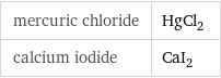 mercuric chloride | HgCl_2 calcium iodide | CaI_2