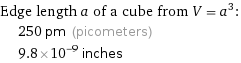 Edge length a of a cube from V = a^3:  | 250 pm (picometers)  | 9.8×10^-9 inches