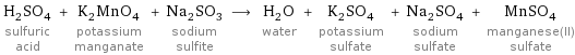 H_2SO_4 sulfuric acid + K_2MnO_4 potassium manganate + Na_2SO_3 sodium sulfite ⟶ H_2O water + K_2SO_4 potassium sulfate + Na_2SO_4 sodium sulfate + MnSO_4 manganese(II) sulfate