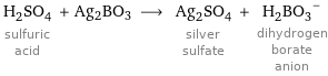 H_2SO_4 sulfuric acid + Ag2BO3 ⟶ Ag_2SO_4 silver sulfate + (H_2BO_3)^- dihydrogen borate anion