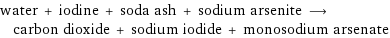 water + iodine + soda ash + sodium arsenite ⟶ carbon dioxide + sodium iodide + monosodium arsenate