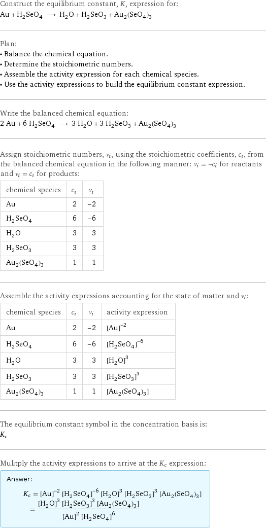 Construct the equilibrium constant, K, expression for: Au + H_2SeO_4 ⟶ H_2O + H_2SeO_3 + Au_2(SeO_4)_3 Plan: • Balance the chemical equation. • Determine the stoichiometric numbers. • Assemble the activity expression for each chemical species. • Use the activity expressions to build the equilibrium constant expression. Write the balanced chemical equation: 2 Au + 6 H_2SeO_4 ⟶ 3 H_2O + 3 H_2SeO_3 + Au_2(SeO_4)_3 Assign stoichiometric numbers, ν_i, using the stoichiometric coefficients, c_i, from the balanced chemical equation in the following manner: ν_i = -c_i for reactants and ν_i = c_i for products: chemical species | c_i | ν_i Au | 2 | -2 H_2SeO_4 | 6 | -6 H_2O | 3 | 3 H_2SeO_3 | 3 | 3 Au_2(SeO_4)_3 | 1 | 1 Assemble the activity expressions accounting for the state of matter and ν_i: chemical species | c_i | ν_i | activity expression Au | 2 | -2 | ([Au])^(-2) H_2SeO_4 | 6 | -6 | ([H2SeO4])^(-6) H_2O | 3 | 3 | ([H2O])^3 H_2SeO_3 | 3 | 3 | ([H2SeO3])^3 Au_2(SeO_4)_3 | 1 | 1 | [Au2(SeO4)3] The equilibrium constant symbol in the concentration basis is: K_c Mulitply the activity expressions to arrive at the K_c expression: Answer: |   | K_c = ([Au])^(-2) ([H2SeO4])^(-6) ([H2O])^3 ([H2SeO3])^3 [Au2(SeO4)3] = (([H2O])^3 ([H2SeO3])^3 [Au2(SeO4)3])/(([Au])^2 ([H2SeO4])^6)