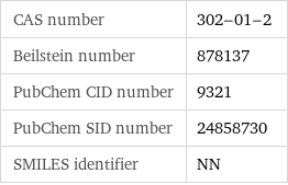 CAS number | 302-01-2 Beilstein number | 878137 PubChem CID number | 9321 PubChem SID number | 24858730 SMILES identifier | NN