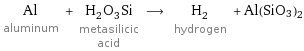 Al aluminum + H_2O_3Si metasilicic acid ⟶ H_2 hydrogen + Al(SiO3)2