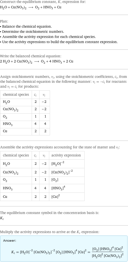 Construct the equilibrium constant, K, expression for: H_2O + Cu(NO_3)_2 ⟶ O_2 + HNO_3 + Cu Plan: • Balance the chemical equation. • Determine the stoichiometric numbers. • Assemble the activity expression for each chemical species. • Use the activity expressions to build the equilibrium constant expression. Write the balanced chemical equation: 2 H_2O + 2 Cu(NO_3)_2 ⟶ O_2 + 4 HNO_3 + 2 Cu Assign stoichiometric numbers, ν_i, using the stoichiometric coefficients, c_i, from the balanced chemical equation in the following manner: ν_i = -c_i for reactants and ν_i = c_i for products: chemical species | c_i | ν_i H_2O | 2 | -2 Cu(NO_3)_2 | 2 | -2 O_2 | 1 | 1 HNO_3 | 4 | 4 Cu | 2 | 2 Assemble the activity expressions accounting for the state of matter and ν_i: chemical species | c_i | ν_i | activity expression H_2O | 2 | -2 | ([H2O])^(-2) Cu(NO_3)_2 | 2 | -2 | ([Cu(NO3)2])^(-2) O_2 | 1 | 1 | [O2] HNO_3 | 4 | 4 | ([HNO3])^4 Cu | 2 | 2 | ([Cu])^2 The equilibrium constant symbol in the concentration basis is: K_c Mulitply the activity expressions to arrive at the K_c expression: Answer: |   | K_c = ([H2O])^(-2) ([Cu(NO3)2])^(-2) [O2] ([HNO3])^4 ([Cu])^2 = ([O2] ([HNO3])^4 ([Cu])^2)/(([H2O])^2 ([Cu(NO3)2])^2)