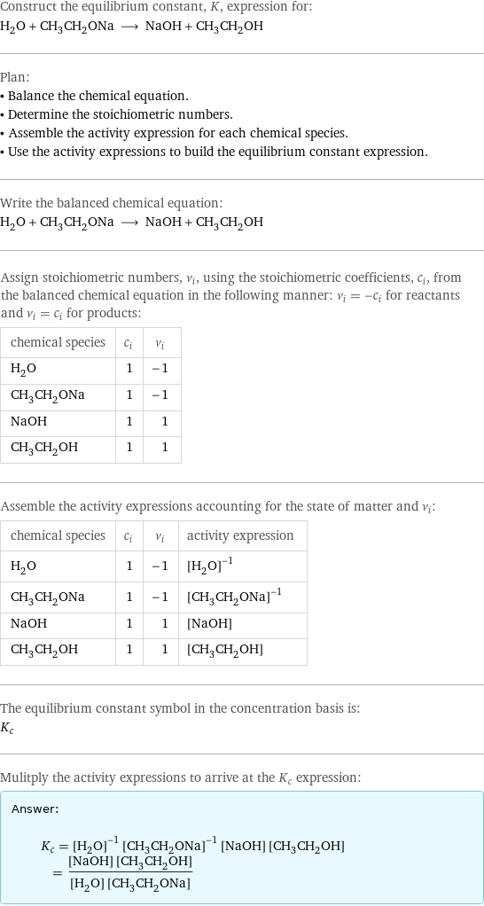 Construct the equilibrium constant, K, expression for: H_2O + CH_3CH_2ONa ⟶ NaOH + CH_3CH_2OH Plan: • Balance the chemical equation. • Determine the stoichiometric numbers. • Assemble the activity expression for each chemical species. • Use the activity expressions to build the equilibrium constant expression. Write the balanced chemical equation: H_2O + CH_3CH_2ONa ⟶ NaOH + CH_3CH_2OH Assign stoichiometric numbers, ν_i, using the stoichiometric coefficients, c_i, from the balanced chemical equation in the following manner: ν_i = -c_i for reactants and ν_i = c_i for products: chemical species | c_i | ν_i H_2O | 1 | -1 CH_3CH_2ONa | 1 | -1 NaOH | 1 | 1 CH_3CH_2OH | 1 | 1 Assemble the activity expressions accounting for the state of matter and ν_i: chemical species | c_i | ν_i | activity expression H_2O | 1 | -1 | ([H2O])^(-1) CH_3CH_2ONa | 1 | -1 | ([CH3CH2ONa])^(-1) NaOH | 1 | 1 | [NaOH] CH_3CH_2OH | 1 | 1 | [CH3CH2OH] The equilibrium constant symbol in the concentration basis is: K_c Mulitply the activity expressions to arrive at the K_c expression: Answer: |   | K_c = ([H2O])^(-1) ([CH3CH2ONa])^(-1) [NaOH] [CH3CH2OH] = ([NaOH] [CH3CH2OH])/([H2O] [CH3CH2ONa])