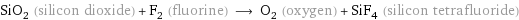 SiO_2 (silicon dioxide) + F_2 (fluorine) ⟶ O_2 (oxygen) + SiF_4 (silicon tetrafluoride)