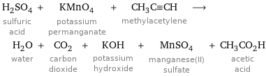H_2SO_4 sulfuric acid + KMnO_4 potassium permanganate + CH_3C congruent CH methylacetylene ⟶ H_2O water + CO_2 carbon dioxide + KOH potassium hydroxide + MnSO_4 manganese(II) sulfate + CH_3CO_2H acetic acid