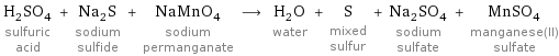 H_2SO_4 sulfuric acid + Na_2S sodium sulfide + NaMnO_4 sodium permanganate ⟶ H_2O water + S mixed sulfur + Na_2SO_4 sodium sulfate + MnSO_4 manganese(II) sulfate