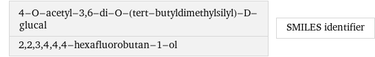 4-O-acetyl-3, 6-di-O-(tert-butyldimethylsilyl)-D-glucal 2, 2, 3, 4, 4, 4-hexafluorobutan-1-ol | SMILES identifier
