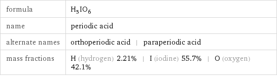 formula | H_5IO_6 name | periodic acid alternate names | orthoperiodic acid | paraperiodic acid mass fractions | H (hydrogen) 2.21% | I (iodine) 55.7% | O (oxygen) 42.1%