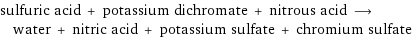 sulfuric acid + potassium dichromate + nitrous acid ⟶ water + nitric acid + potassium sulfate + chromium sulfate