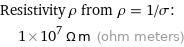 Resistivity ρ from ρ = 1/σ:  | 1×10^7 Ω m (ohm meters)