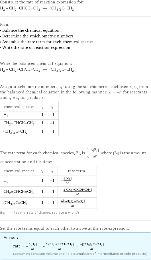 Construct the rate of reaction expression for: H_2 + CH_2=CHCH=CH_2 ⟶ (CH_3)_2C=CH_2 Plan: • Balance the chemical equation. • Determine the stoichiometric numbers. • Assemble the rate term for each chemical species. • Write the rate of reaction expression. Write the balanced chemical equation: H_2 + CH_2=CHCH=CH_2 ⟶ (CH_3)_2C=CH_2 Assign stoichiometric numbers, ν_i, using the stoichiometric coefficients, c_i, from the balanced chemical equation in the following manner: ν_i = -c_i for reactants and ν_i = c_i for products: chemical species | c_i | ν_i H_2 | 1 | -1 CH_2=CHCH=CH_2 | 1 | -1 (CH_3)_2C=CH_2 | 1 | 1 The rate term for each chemical species, B_i, is 1/ν_i(Δ[B_i])/(Δt) where [B_i] is the amount concentration and t is time: chemical species | c_i | ν_i | rate term H_2 | 1 | -1 | -(Δ[H2])/(Δt) CH_2=CHCH=CH_2 | 1 | -1 | -(Δ[CH2=CHCH=CH2])/(Δt) (CH_3)_2C=CH_2 | 1 | 1 | (Δ[(CH3)2C=CH2])/(Δt) (for infinitesimal rate of change, replace Δ with d) Set the rate terms equal to each other to arrive at the rate expression: Answer: |   | rate = -(Δ[H2])/(Δt) = -(Δ[CH2=CHCH=CH2])/(Δt) = (Δ[(CH3)2C=CH2])/(Δt) (assuming constant volume and no accumulation of intermediates or side products)