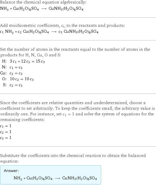 Balance the chemical equation algebraically: NH_3 + Cu(H2O)6SO4 ⟶ CuNH3(H2O)6SO4 Add stoichiometric coefficients, c_i, to the reactants and products: c_1 NH_3 + c_2 Cu(H2O)6SO4 ⟶ c_3 CuNH3(H2O)6SO4 Set the number of atoms in the reactants equal to the number of atoms in the products for H, N, Cu, O and S: H: | 3 c_1 + 12 c_2 = 15 c_3 N: | c_1 = c_3 Cu: | c_2 = c_3 O: | 10 c_2 = 10 c_3 S: | c_2 = c_3 Since the coefficients are relative quantities and underdetermined, choose a coefficient to set arbitrarily. To keep the coefficients small, the arbitrary value is ordinarily one. For instance, set c_1 = 1 and solve the system of equations for the remaining coefficients: c_1 = 1 c_2 = 1 c_3 = 1 Substitute the coefficients into the chemical reaction to obtain the balanced equation: Answer: |   | NH_3 + Cu(H2O)6SO4 ⟶ CuNH3(H2O)6SO4