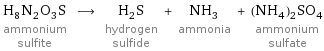 H_8N_2O_3S ammonium sulfite ⟶ H_2S hydrogen sulfide + NH_3 ammonia + (NH_4)_2SO_4 ammonium sulfate