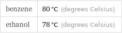 benzene | 80 °C (degrees Celsius) ethanol | 78 °C (degrees Celsius)