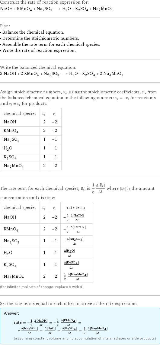 Construct the rate of reaction expression for: NaOH + KMnO_4 + Na_2SO_3 ⟶ H_2O + K_2SO_4 + Na2MnO4 Plan: • Balance the chemical equation. • Determine the stoichiometric numbers. • Assemble the rate term for each chemical species. • Write the rate of reaction expression. Write the balanced chemical equation: 2 NaOH + 2 KMnO_4 + Na_2SO_3 ⟶ H_2O + K_2SO_4 + 2 Na2MnO4 Assign stoichiometric numbers, ν_i, using the stoichiometric coefficients, c_i, from the balanced chemical equation in the following manner: ν_i = -c_i for reactants and ν_i = c_i for products: chemical species | c_i | ν_i NaOH | 2 | -2 KMnO_4 | 2 | -2 Na_2SO_3 | 1 | -1 H_2O | 1 | 1 K_2SO_4 | 1 | 1 Na2MnO4 | 2 | 2 The rate term for each chemical species, B_i, is 1/ν_i(Δ[B_i])/(Δt) where [B_i] is the amount concentration and t is time: chemical species | c_i | ν_i | rate term NaOH | 2 | -2 | -1/2 (Δ[NaOH])/(Δt) KMnO_4 | 2 | -2 | -1/2 (Δ[KMnO4])/(Δt) Na_2SO_3 | 1 | -1 | -(Δ[Na2SO3])/(Δt) H_2O | 1 | 1 | (Δ[H2O])/(Δt) K_2SO_4 | 1 | 1 | (Δ[K2SO4])/(Δt) Na2MnO4 | 2 | 2 | 1/2 (Δ[Na2MnO4])/(Δt) (for infinitesimal rate of change, replace Δ with d) Set the rate terms equal to each other to arrive at the rate expression: Answer: |   | rate = -1/2 (Δ[NaOH])/(Δt) = -1/2 (Δ[KMnO4])/(Δt) = -(Δ[Na2SO3])/(Δt) = (Δ[H2O])/(Δt) = (Δ[K2SO4])/(Δt) = 1/2 (Δ[Na2MnO4])/(Δt) (assuming constant volume and no accumulation of intermediates or side products)