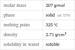 molar mass | 207 g/mol phase | solid (at STP) melting point | 325 °C density | 2.71 g/cm^3 solubility in water | soluble