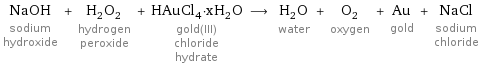 NaOH sodium hydroxide + H_2O_2 hydrogen peroxide + HAuCl_4·xH_2O gold(III) chloride hydrate ⟶ H_2O water + O_2 oxygen + Au gold + NaCl sodium chloride