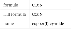 formula | CCuN Hill formula | CCuN name | copper(I) cyanide-