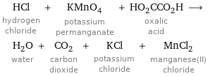 HCl hydrogen chloride + KMnO_4 potassium permanganate + HO_2CCO_2H oxalic acid ⟶ H_2O water + CO_2 carbon dioxide + KCl potassium chloride + MnCl_2 manganese(II) chloride
