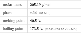 molar mass | 265.19 g/mol phase | solid (at STP) melting point | 46.5 °C boiling point | 173.5 °C (measured at 266.6 Pa)
