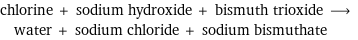 chlorine + sodium hydroxide + bismuth trioxide ⟶ water + sodium chloride + sodium bismuthate