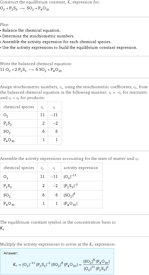 Construct the equilibrium constant, K, expression for: O_2 + P_2S_3 ⟶ SO_2 + P_4O_10 Plan: • Balance the chemical equation. • Determine the stoichiometric numbers. • Assemble the activity expression for each chemical species. • Use the activity expressions to build the equilibrium constant expression. Write the balanced chemical equation: 11 O_2 + 2 P_2S_3 ⟶ 6 SO_2 + P_4O_10 Assign stoichiometric numbers, ν_i, using the stoichiometric coefficients, c_i, from the balanced chemical equation in the following manner: ν_i = -c_i for reactants and ν_i = c_i for products: chemical species | c_i | ν_i O_2 | 11 | -11 P_2S_3 | 2 | -2 SO_2 | 6 | 6 P_4O_10 | 1 | 1 Assemble the activity expressions accounting for the state of matter and ν_i: chemical species | c_i | ν_i | activity expression O_2 | 11 | -11 | ([O2])^(-11) P_2S_3 | 2 | -2 | ([P2S3])^(-2) SO_2 | 6 | 6 | ([SO2])^6 P_4O_10 | 1 | 1 | [P4O10] The equilibrium constant symbol in the concentration basis is: K_c Mulitply the activity expressions to arrive at the K_c expression: Answer: |   | K_c = ([O2])^(-11) ([P2S3])^(-2) ([SO2])^6 [P4O10] = (([SO2])^6 [P4O10])/(([O2])^11 ([P2S3])^2)