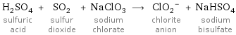 H_2SO_4 sulfuric acid + SO_2 sulfur dioxide + NaClO_3 sodium chlorate ⟶ (ClO_2)^- chlorite anion + NaHSO_4 sodium bisulfate