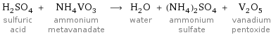 H_2SO_4 sulfuric acid + NH_4VO_3 ammonium metavanadate ⟶ H_2O water + (NH_4)_2SO_4 ammonium sulfate + V_2O_5 vanadium pentoxide