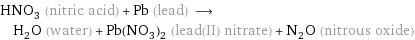 HNO_3 (nitric acid) + Pb (lead) ⟶ H_2O (water) + Pb(NO_3)_2 (lead(II) nitrate) + N_2O (nitrous oxide)