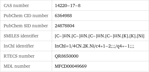 CAS number | 14220-17-8 PubChem CID number | 6364988 PubChem SID number | 24878804 SMILES identifier | [C-]#N.[C-]#N.[C-]#N.[C-]#N.[K].[K].[Ni] InChI identifier | InChI=1/4CN.2K.Ni/c4*1-2;;;/q4*-1;;; RTECS number | QR8650000 MDL number | MFCD00049669