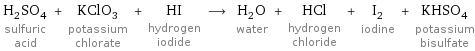 H_2SO_4 sulfuric acid + KClO_3 potassium chlorate + HI hydrogen iodide ⟶ H_2O water + HCl hydrogen chloride + I_2 iodine + KHSO_4 potassium bisulfate