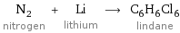 N_2 nitrogen + Li lithium ⟶ C_6H_6Cl_6 lindane