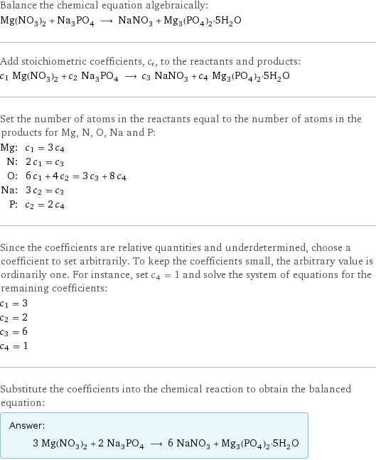 Balance the chemical equation algebraically: Mg(NO_3)_2 + Na_3PO_4 ⟶ NaNO_3 + Mg_3(PO_4)_2·5H_2O Add stoichiometric coefficients, c_i, to the reactants and products: c_1 Mg(NO_3)_2 + c_2 Na_3PO_4 ⟶ c_3 NaNO_3 + c_4 Mg_3(PO_4)_2·5H_2O Set the number of atoms in the reactants equal to the number of atoms in the products for Mg, N, O, Na and P: Mg: | c_1 = 3 c_4 N: | 2 c_1 = c_3 O: | 6 c_1 + 4 c_2 = 3 c_3 + 8 c_4 Na: | 3 c_2 = c_3 P: | c_2 = 2 c_4 Since the coefficients are relative quantities and underdetermined, choose a coefficient to set arbitrarily. To keep the coefficients small, the arbitrary value is ordinarily one. For instance, set c_4 = 1 and solve the system of equations for the remaining coefficients: c_1 = 3 c_2 = 2 c_3 = 6 c_4 = 1 Substitute the coefficients into the chemical reaction to obtain the balanced equation: Answer: |   | 3 Mg(NO_3)_2 + 2 Na_3PO_4 ⟶ 6 NaNO_3 + Mg_3(PO_4)_2·5H_2O