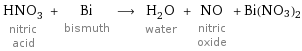 HNO_3 nitric acid + Bi bismuth ⟶ H_2O water + NO nitric oxide + Bi(NO3)2