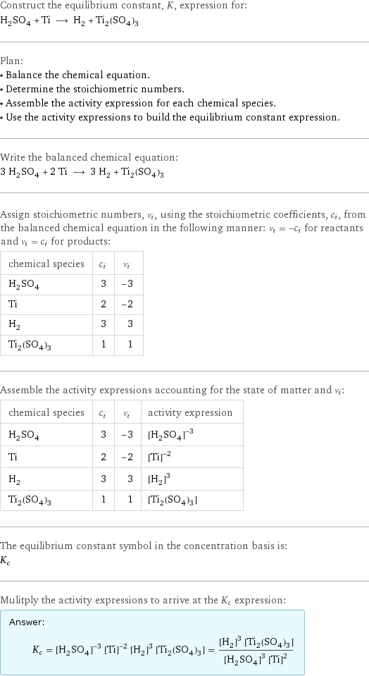 Construct the equilibrium constant, K, expression for: H_2SO_4 + Ti ⟶ H_2 + Ti_2(SO_4)_3 Plan: • Balance the chemical equation. • Determine the stoichiometric numbers. • Assemble the activity expression for each chemical species. • Use the activity expressions to build the equilibrium constant expression. Write the balanced chemical equation: 3 H_2SO_4 + 2 Ti ⟶ 3 H_2 + Ti_2(SO_4)_3 Assign stoichiometric numbers, ν_i, using the stoichiometric coefficients, c_i, from the balanced chemical equation in the following manner: ν_i = -c_i for reactants and ν_i = c_i for products: chemical species | c_i | ν_i H_2SO_4 | 3 | -3 Ti | 2 | -2 H_2 | 3 | 3 Ti_2(SO_4)_3 | 1 | 1 Assemble the activity expressions accounting for the state of matter and ν_i: chemical species | c_i | ν_i | activity expression H_2SO_4 | 3 | -3 | ([H2SO4])^(-3) Ti | 2 | -2 | ([Ti])^(-2) H_2 | 3 | 3 | ([H2])^3 Ti_2(SO_4)_3 | 1 | 1 | [Ti2(SO4)3] The equilibrium constant symbol in the concentration basis is: K_c Mulitply the activity expressions to arrive at the K_c expression: Answer: |   | K_c = ([H2SO4])^(-3) ([Ti])^(-2) ([H2])^3 [Ti2(SO4)3] = (([H2])^3 [Ti2(SO4)3])/(([H2SO4])^3 ([Ti])^2)