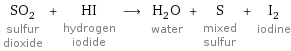 SO_2 sulfur dioxide + HI hydrogen iodide ⟶ H_2O water + S mixed sulfur + I_2 iodine